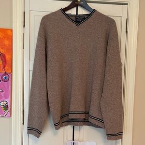 Classic Men's V-Neck Sweater in Taupe with Stripe Detail